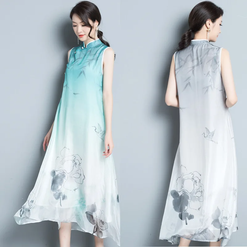 

New Style WOMEN'S Dress National Wind Ink Heat Transfer Floral Patterns Sleeveless Dress