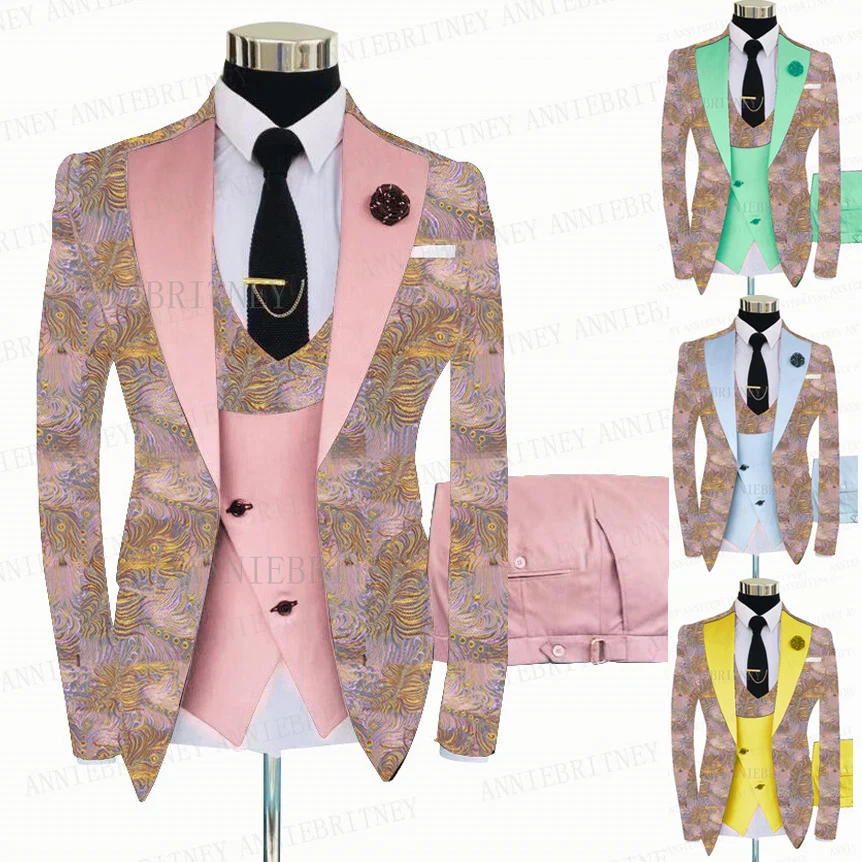 Pink Floral Printed Men Wedding Suits 3 Pieces Slim Fit Groom Shiny Jacket Prom Suit Male Double Breasted Blazer Sets