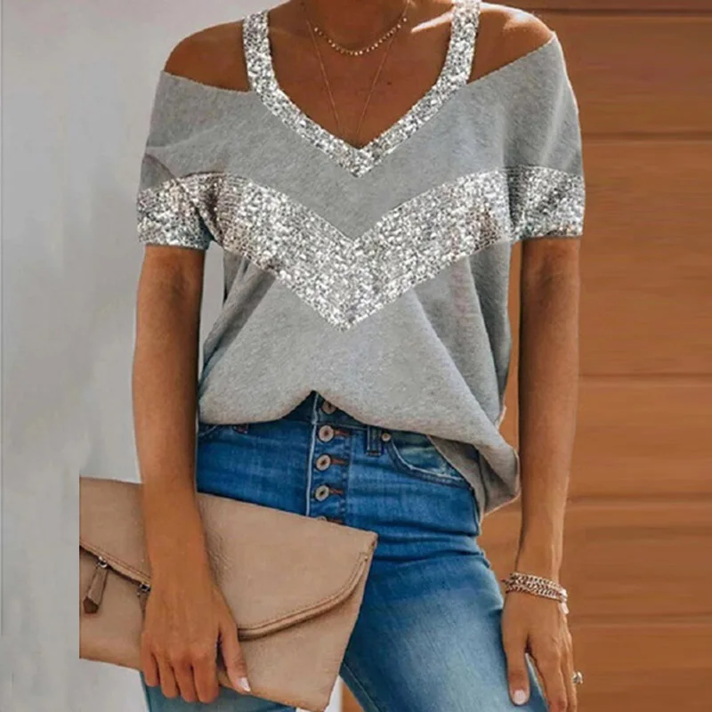 Camiseta mujeres señoras con cuello en V de manga corta Camiseta Casual Sexy Off-hombro jersey de lentejuelas Patchwork 2021 camiseta Mujer Top