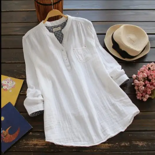 2020 весна новые женские белые винтажные блузки с длинным рукавом и стоячим