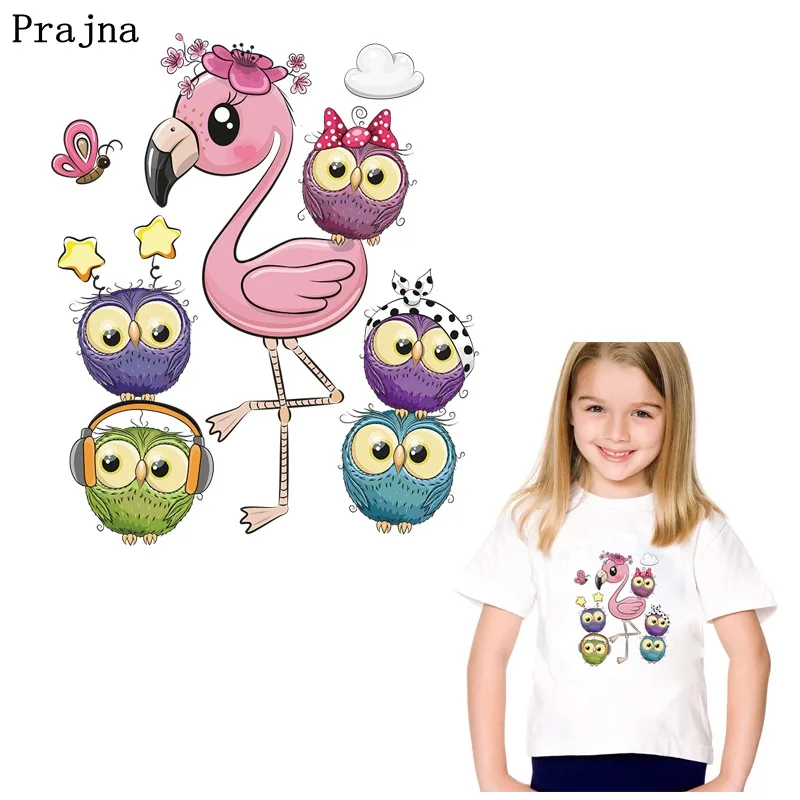 

Prajna Lovely Owls Flamingo Iron On Heat Transfers Vinyl Thermal Patches For Clothing DIY Applique Stickers On Kids T-shirt Iron