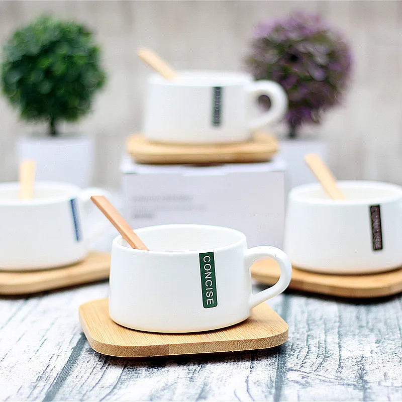 buy Creative new Nordic style coffee cup to send spoons Wood dish ceramic coffee set cups simple milk tea cup bone china LB10302