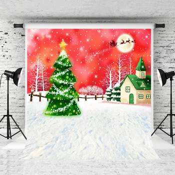 

VinylBDS Christmas Backdrops Photography Red Photo Backdrops Christmas Trees Hourse Backgrounds for Children Photo Studio