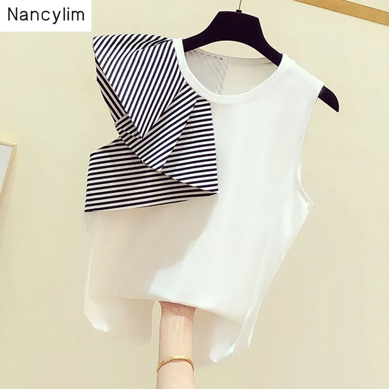 Summer Women's T-shirts New Temperament Stripe Ruffled Stitching Sleeveless Round Neck Tshirt Women Casual Joker T-shirts