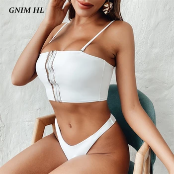 

GNIM High Cut Transparent Zipper Bikini Swimwear Women 2020 Sexy Solid White Brazilian Swimsuit Female Two Pieces Summer Biquini