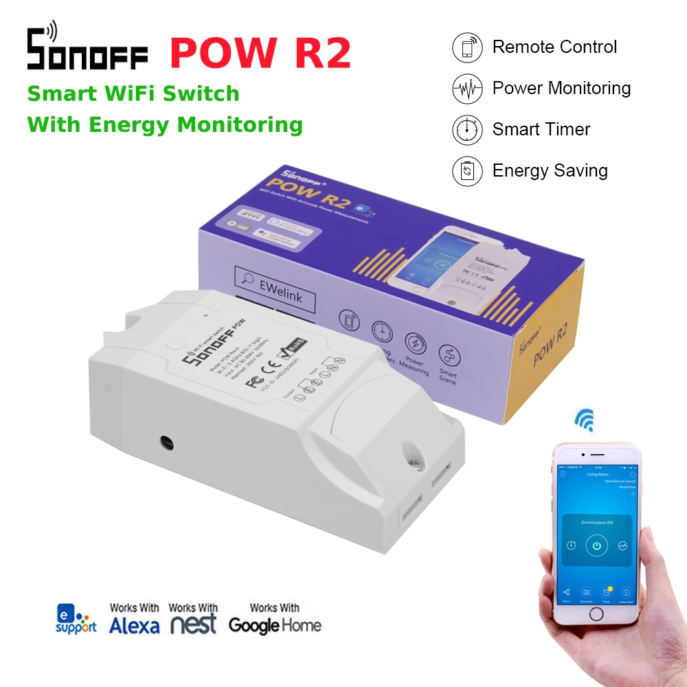 

Ewelink Itead Sonoff POW R2 smart power Switch 15A Power Consumption monitor Measurement controller work with Alexa/Google home
