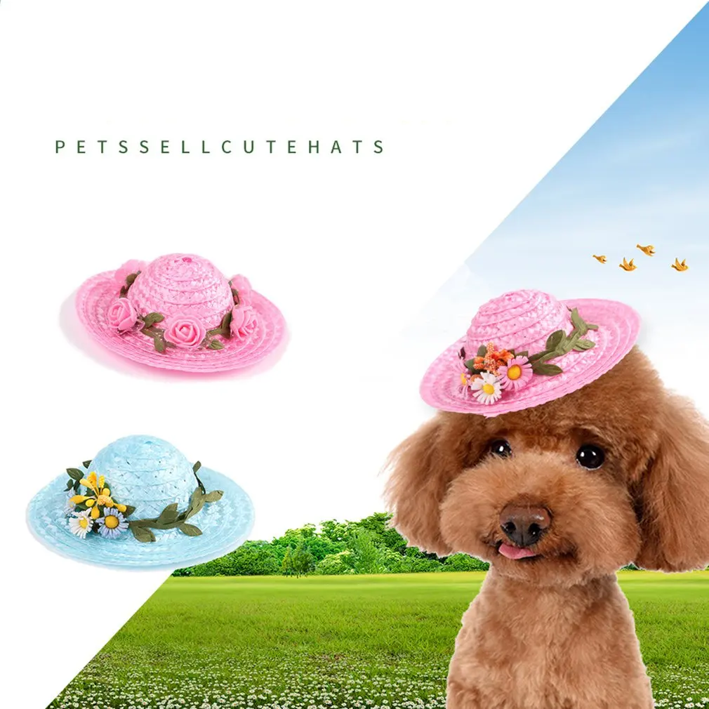 Соломенная шляпа для животных Sombrero Hawaii, ручная работа, тканая соломенная шляпа для животных с регулируемой шнуровкой для собак, CatBlue Rose S