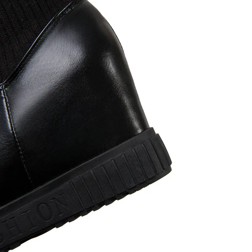 QUTAA Fashion Platform PU Leather Knitting Height Increasing Slip on Ankle Boots Round Toe Warm Fur Women Shoes Size 34-43