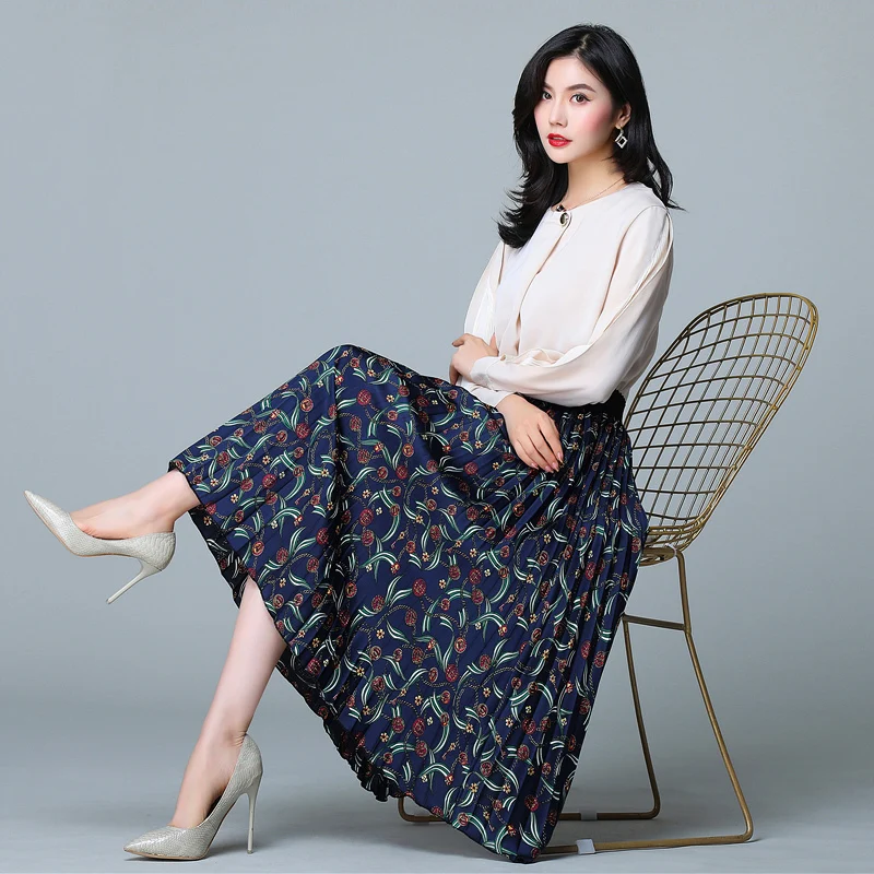 Autumn Women Skirt High Waist Print Slim Long Bitter Fleabane Pleated Silk Skirts Green Flower 9127