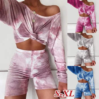 

2020 Tie Dye Pajamas Set Tie Dye Long Sleeves Two-Piece Nightwear Top and Ruffle Shorts Set for Women Dye Printed Sleepwear