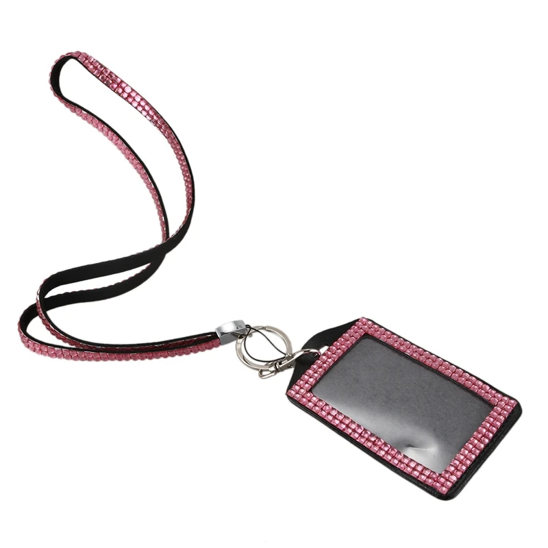 2 Pcs Rhinestone Bling Crystal Custom Lanyard Vertical ID Badge Holder(Pink&Dark Green