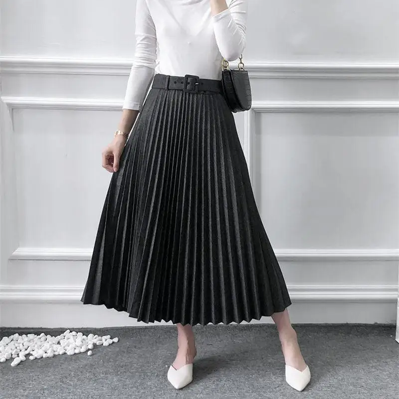 Women Pleated Skirt 2019 Autumn Winter High Waist Belt Solid Zipper Lady Skirts Elegant Female Loose Mid-length Sale Items | Женская