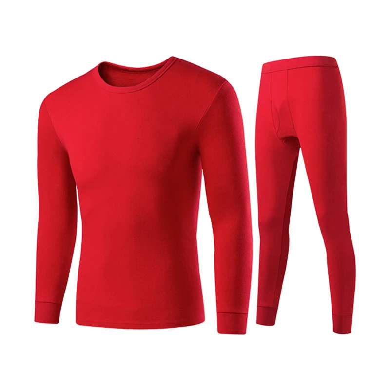 Пижамные комплекты из 2 предметов, мужские теплые облегающие Топы+ штаны, мягкие эластичные хлопковые пижамы, одежда для сна, осенне-зимняя однотонная теплая одежда для сна - Цвет: Men Red