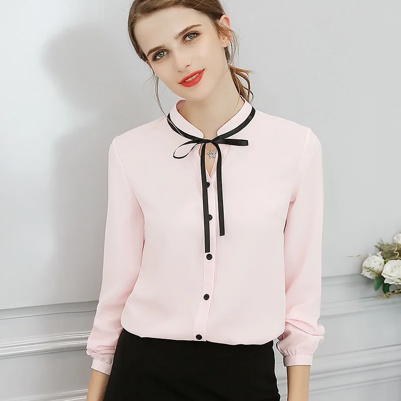 LOSSKY однотонная женская элегантная шифоновая рубашка Banco Осенняя Облегающая рубашка офисная рубашка верхняя блуза повседневная женская уличная - Цвет: pink