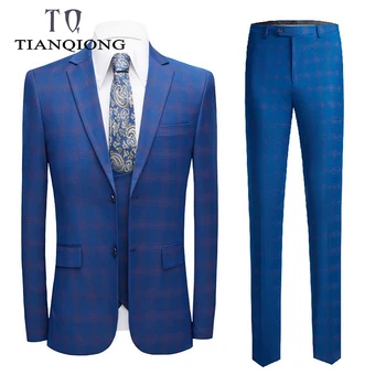 

TIAN QIONG Fashion Blue Plaid Suit for Men Groom Best Wedding Suits Slim Blazers Tuxedos Business Casual 3 Pieces Suit Male