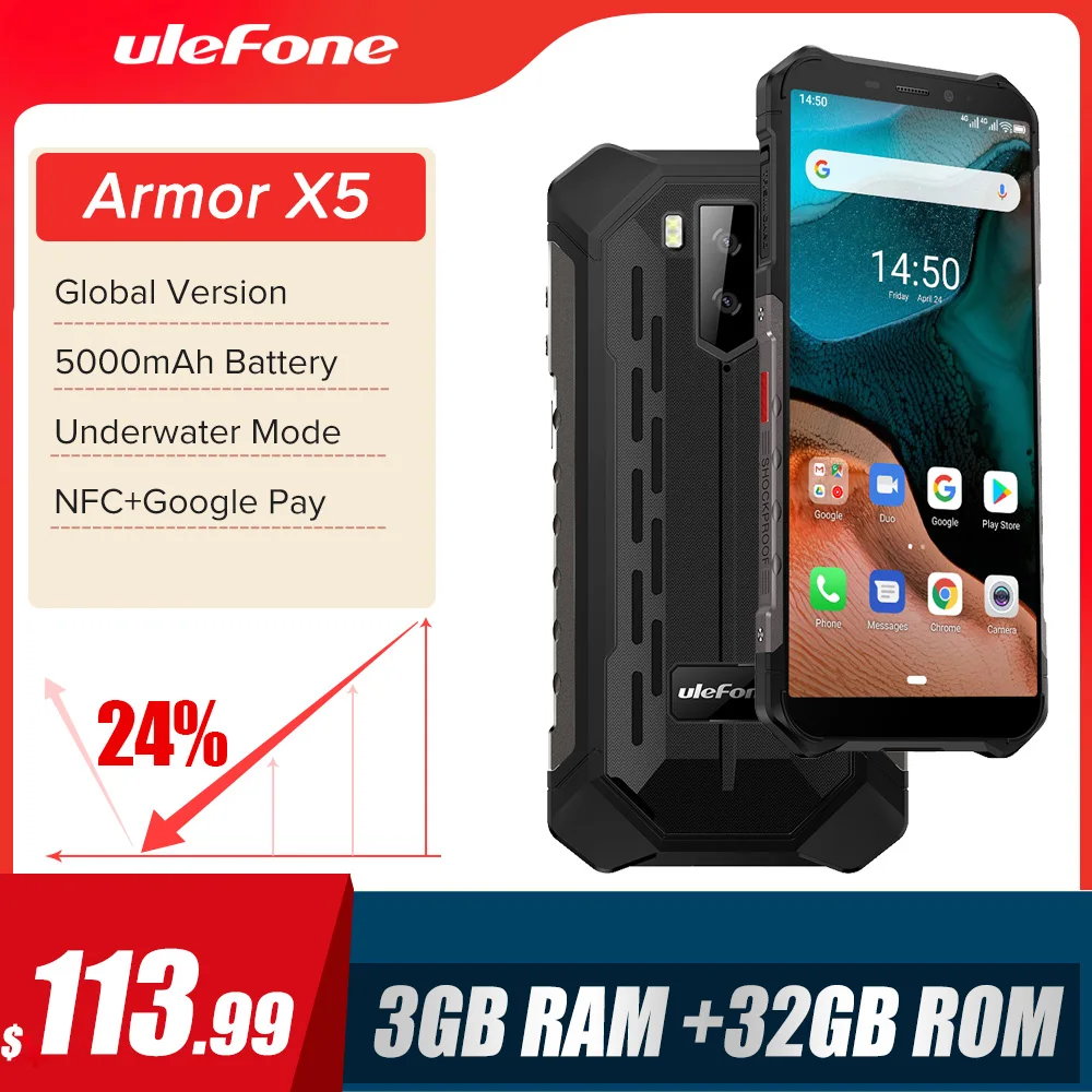 Ulefone-teléfono inteligente Armor X5, móvil resistente al agua IP68 MT6762, 3GB RAM, 32GB rom, Octa core, NFC, 4G, LTE, Android 10 1