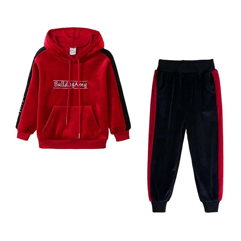 Осенний комплект одежды для девочек, бархатное худи, детские спортивные штаны, детская спортивная одежда в стиле пэчворк - Цвет: red