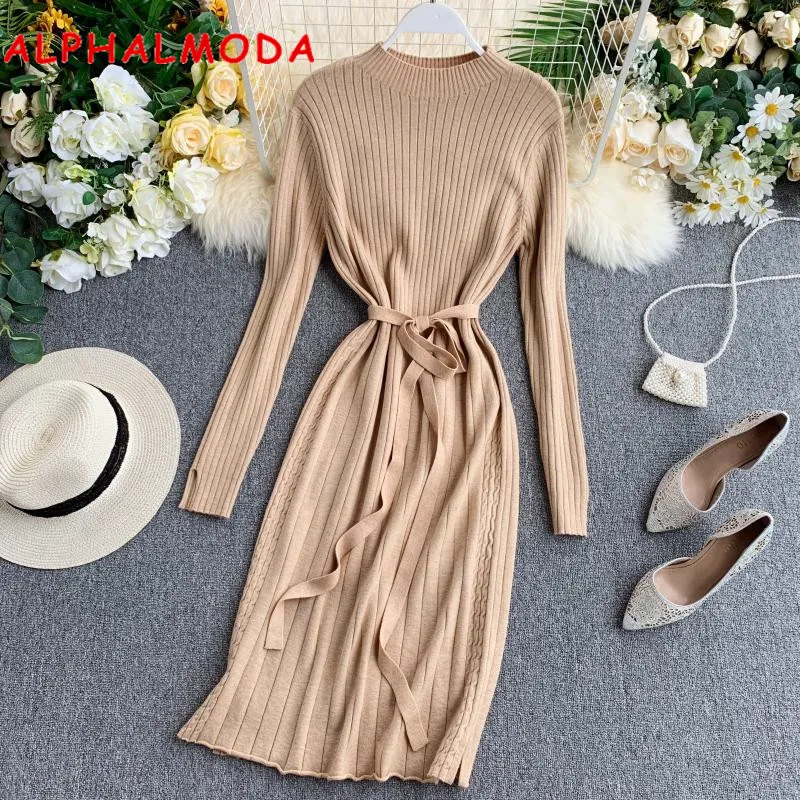 Baratos ALPHALMODA grueso cálido de punto de manga larga fajas vestidos 2019 otoño elegante mujeres sólido delgado tejido de fondo vestidos traje