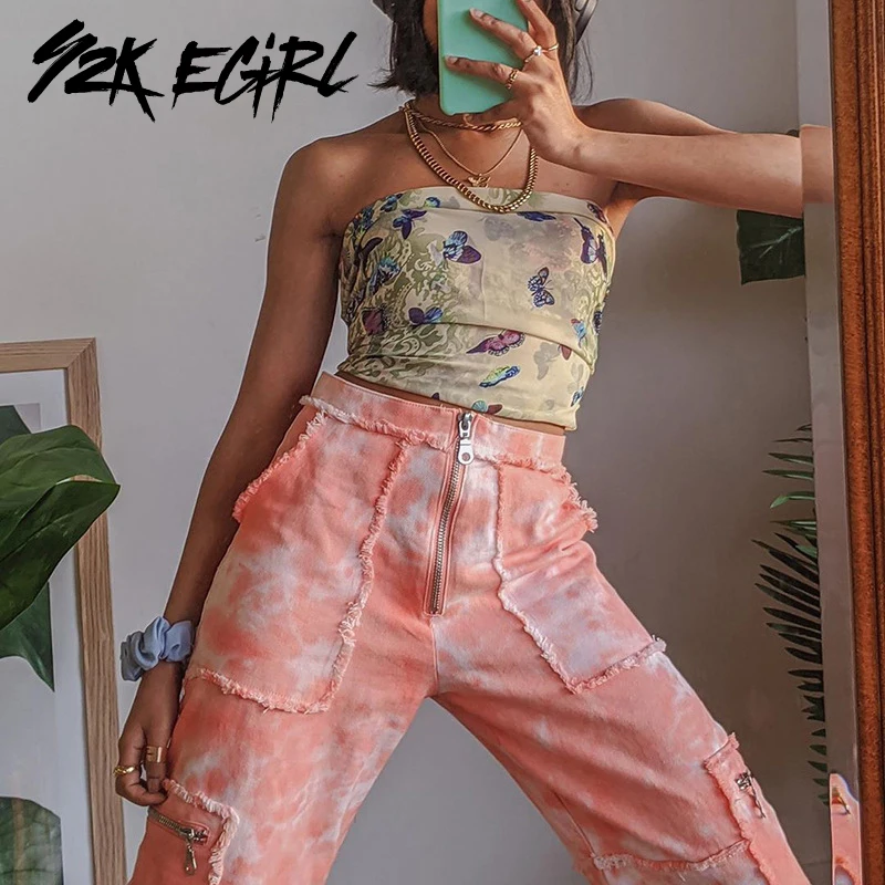 

Y2K EGIRL Distressed Tie Dye With Pockets Zipped Front Straight Jeans Hip Hop Loosed High Waist Denim Pants Streetwear 90s New