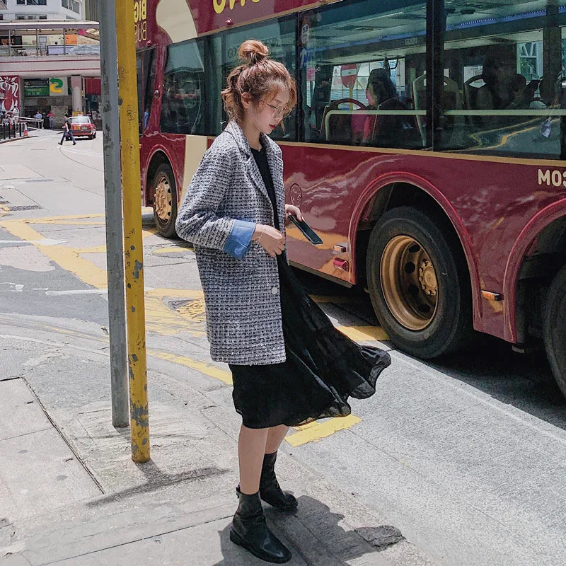 

Photo Shoot Main Push CHIC Retro Blue Braided Pattern Graceful Single Breasted Loose-Fit Versatile Suit Jacket Women's Autumn