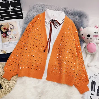 

2020 Autumn winter online beading knitted sweater for women streetwear v neck long sleeve cardigan sweater women sequined coats