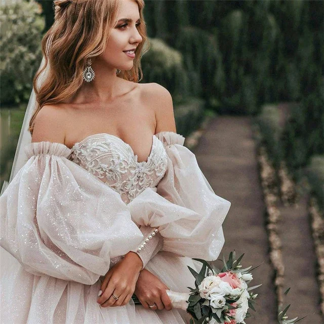 Dirty Pink Boho Wedding Dress 2021 Detachable Puff Sleeve Bridal Dresses Glitter Sparky Lace Wedding Gowns Beach Sweetheart dirty pink