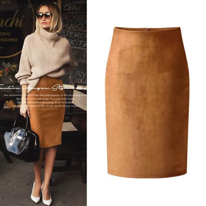 

2021 New Deerskin Velvet Women's Daily Simple Winter Girls' Professional Wrap Hips High Waist Self-cultivation Skirt Khaki