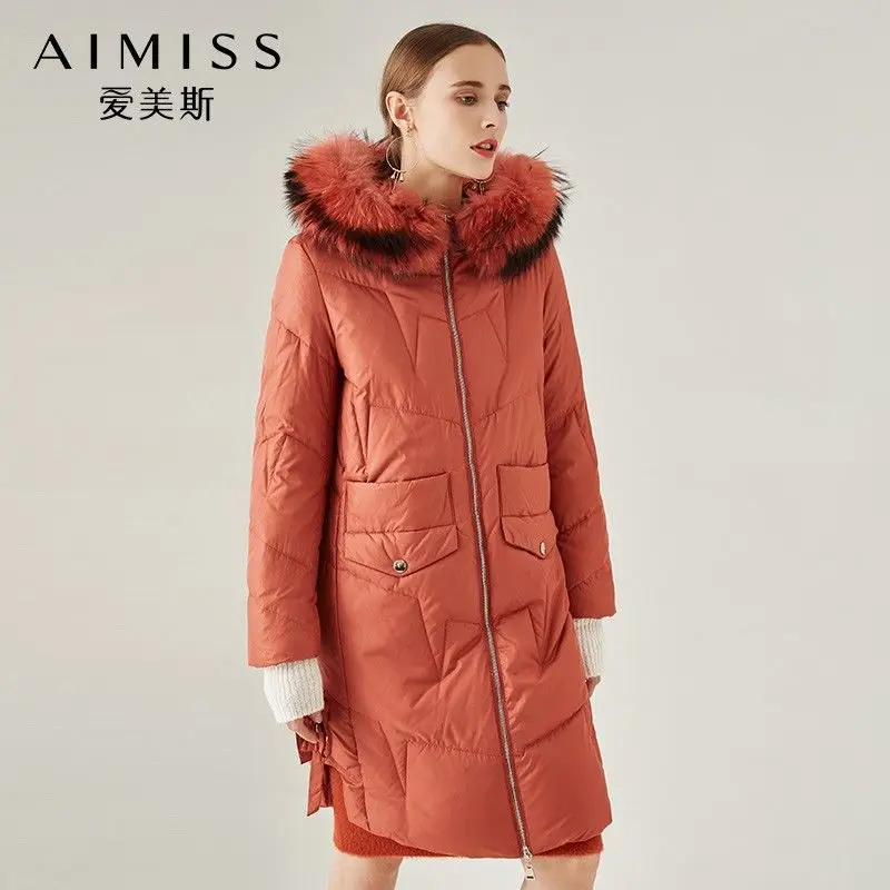 AIMISS Фирменная Новинка для женщин натуральный пуховик Толстая куртка перо мех с капюшоном модные длинные рукава красный цвет повседневное длинное пальто Темный пух