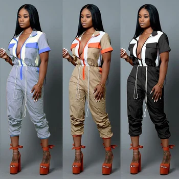 

Women Jumpsuit Satin Tracksuit Contrast Color Patchwork Romper Short Sleeve Jogger Pants Drawstring Zipper Up Streetwear outfits