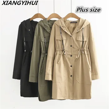 

Large Size Women's Clothing 2018 Spring Autumn New Korean Long Hooded Windbreaker Casual Waist Was Thin Trench Coat Women jacket