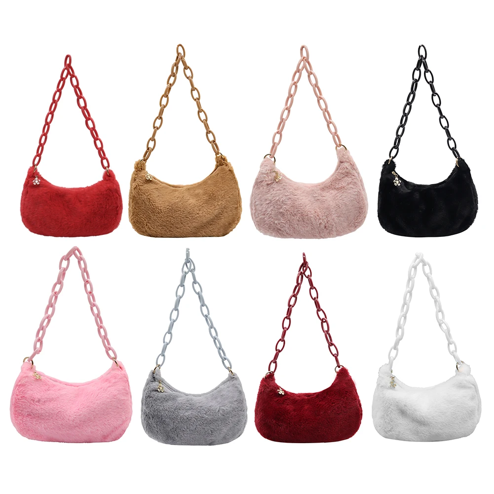 Daily Acrylic Chain Shopping Shoulder Bags Small Ladies Plush Zipper Underarm Bags Single Strap Subaxillary Bags