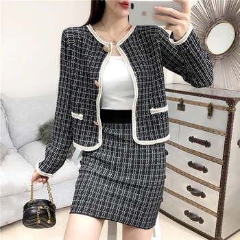 

2020 Autumn Winter High quality Women Knitted Cardigans Tops+High Waist Slim Skirts plaid 2 Pieces Clothing Set Suits