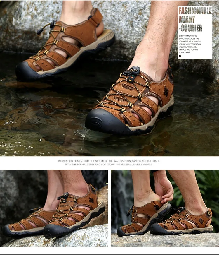 Г. verano nuevas zapatillas de punta de cuero ahuecadas sandalias transpirables para hombre cómodos zapatos planos antidesliza