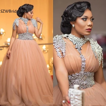 

New Arrival African Evening Dress Beaded Crystal Plus Size Formal Evening Gowns Tulle robe de soiree 2020 vestido de festa longo