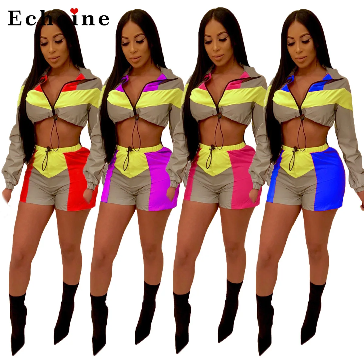 

Women 2 Pcs Set Reflective Sports Biker Suit Fitness Short Pants Jogger Active Tracksuit Zipper Crop Tops Color Block Patchwork