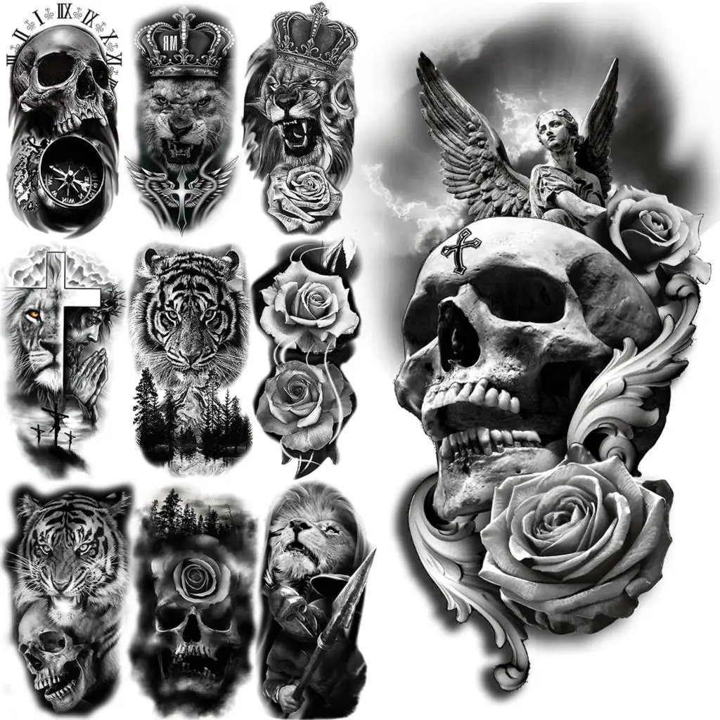 Skull Angel Wing Temporary Tattoos For Adults Men Realistic Lion Tiger  Dahlia Knight Tatoos Crown Fake Tattoo Sticker Body Arm - Temporary Tattoos  - AliExpress