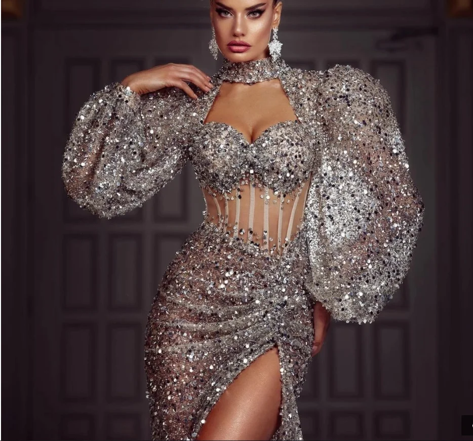 Luxury Glitter Sequins Prom Dress 2022 Sexy High Slit Puffy Long Sleeves Sparkly Formal Evening Dresses Women Arabic Party Gowns silver prom dresses