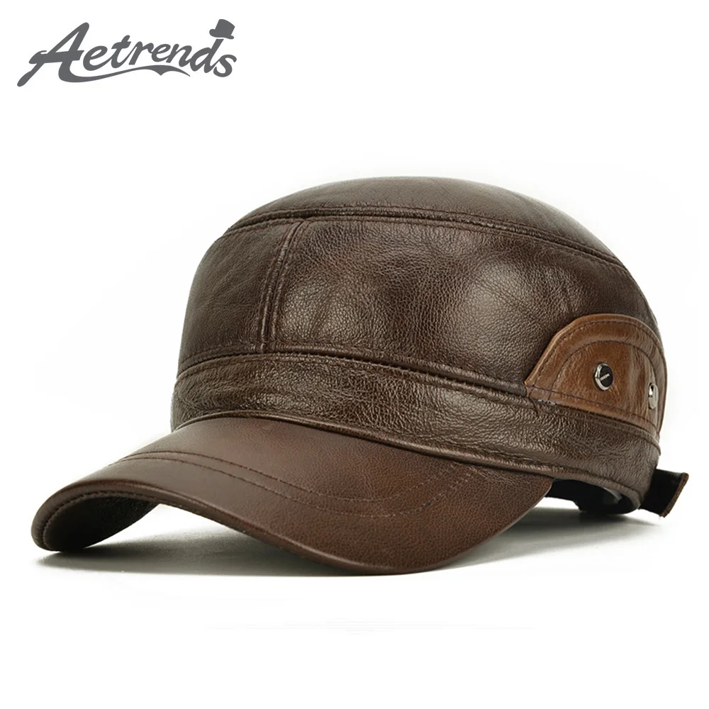 [AETRENDS] кожаные армейские военные шапки для мужчин, зимняя теплая плоская шапка для папы с ушками, Кепка водителя грузовика, Z-10102