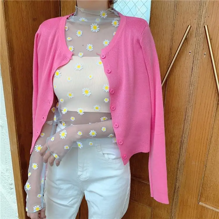 See Through Small chrysanthemum Mesh Gauze Tops Long Sleeve Transparent Sun Protection Ladies Turtleneck summer T-Shirt Top
