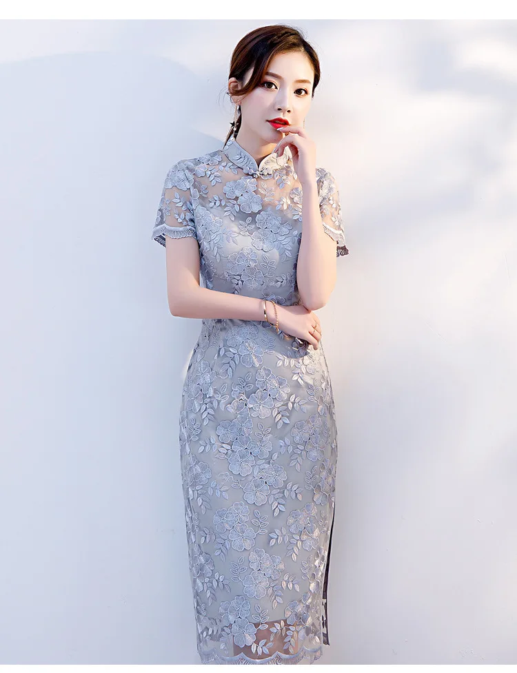 Cheongsam/ г. Весна-лето, стиль, улучшенная молодежная мода, облегающее, повседневное, средней длины, с вышивкой, кружевное, Cheongsa
