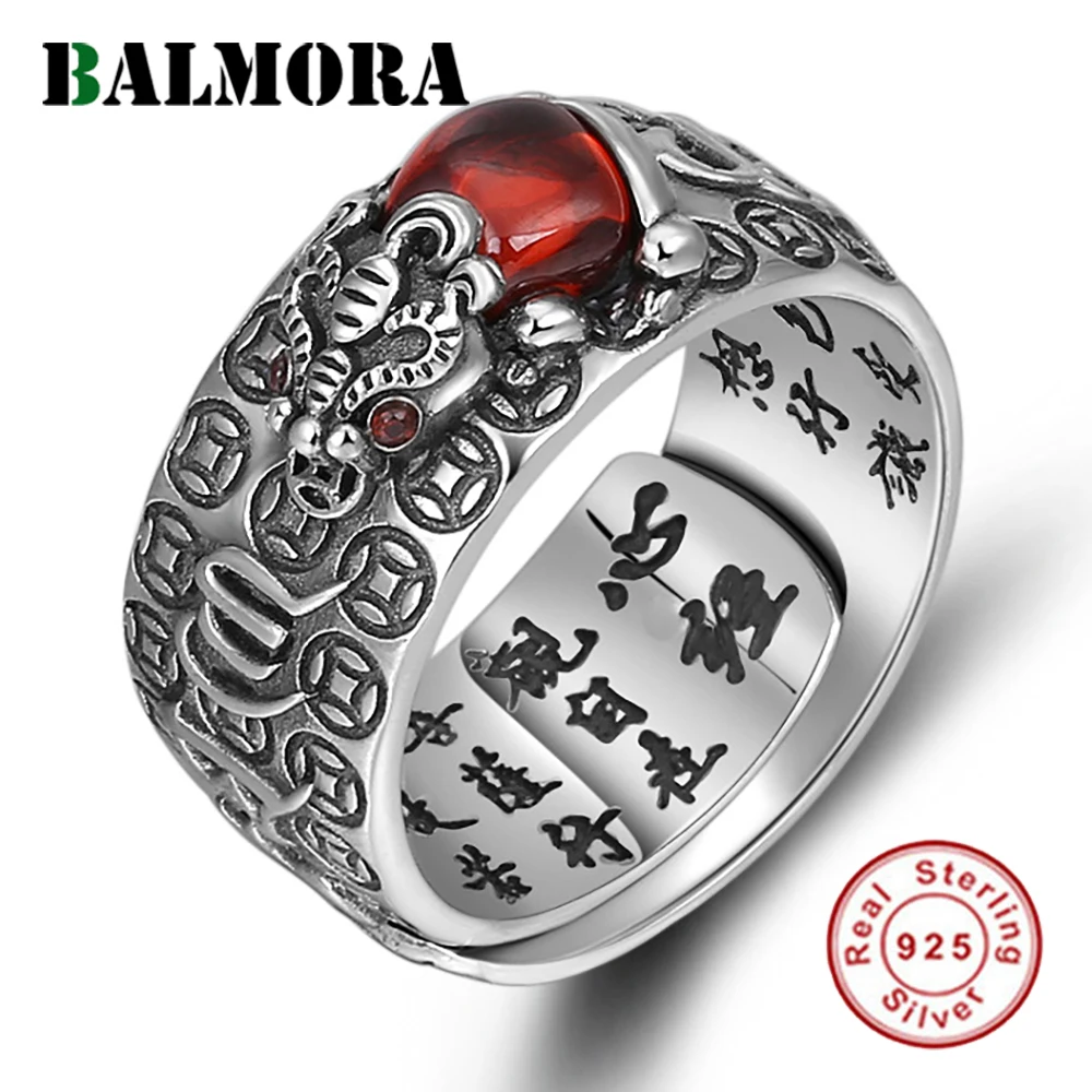 

BALMORA Red Garnet Stone Rings for Men Women 925 Sterling Silver Jewelry Chinese Pixiu Finger Ring Best Christmas Gift JWJZR028
