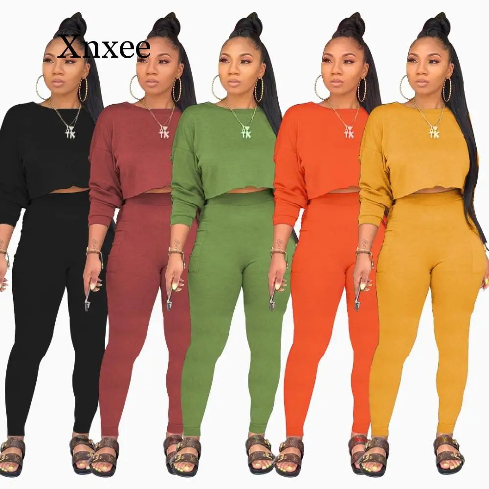 Solid Color Women's Set Long Sleeve Sweatshirts Pencil Pants Suit Two Piece Set Elegant Sporty Tracksuit Outfit Plus Size XXL