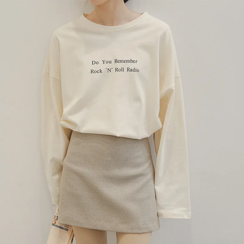 

Spring Autumn Women Korea Style Loose Oversized Fresh Style Letter Print Round Neck Long Sleeve Simple Basic T-shirt Casual Tees
