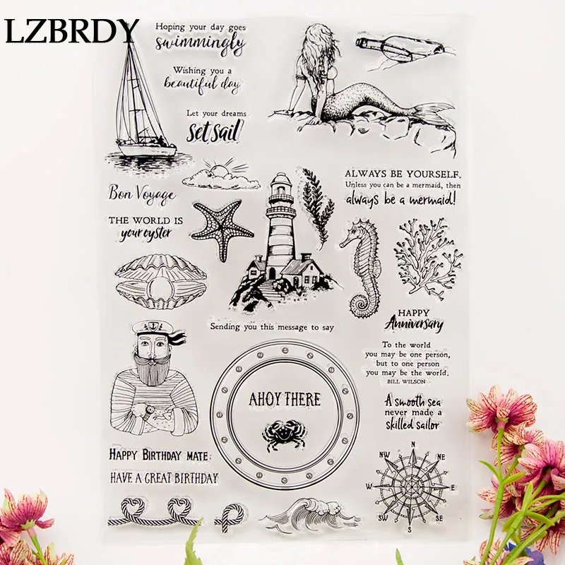 

1 Pack Birthday Blessing Words Starfish Ship House Stamps Mermaid Clear Stamps for Scrapbooking Card Making Birthday Stamps
