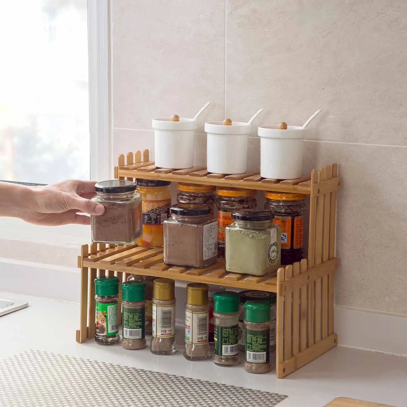 2 Layers Bamboo Storage Rack Kitchen Spice Jar Bottle Seasoning Rack Decoration Organizer Shelf Home Desktop Racks 6