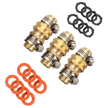 

3 Sets of Brass Garden Hose Repair Joint Female and Male Hose Joints, with 16 Washers with Stainless Steel Clamps.