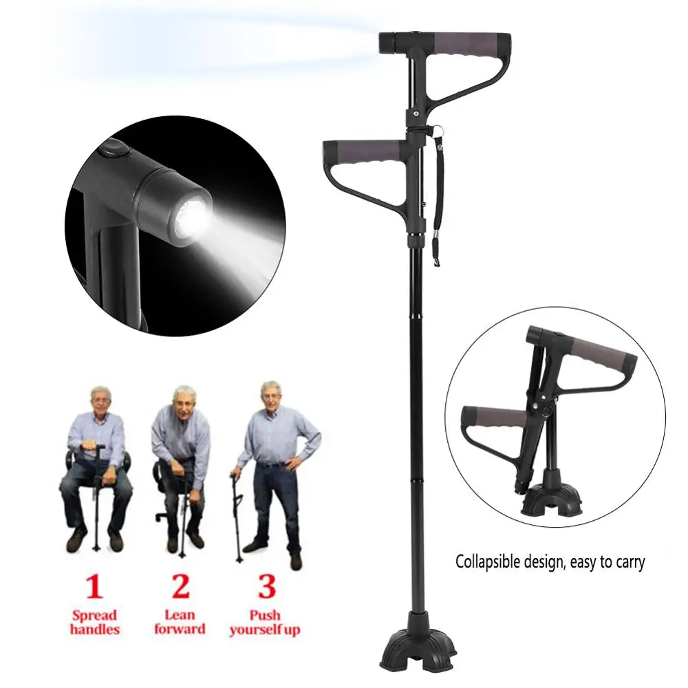 

Retractable Collapsible Anti-slip Double T-handle Folding Walking Stick with LED Light for Elderly Old Man Multi-function Crutch