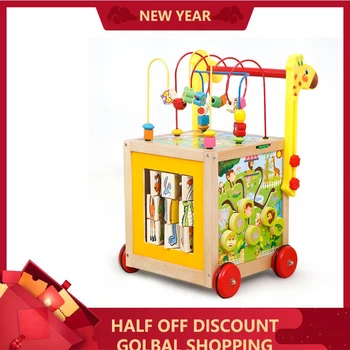 

Infant Early Childhood Education Wooden Children's Walker Baby Puzzle Round Bead Cart Anti-rollover Multi-function Baby Walker