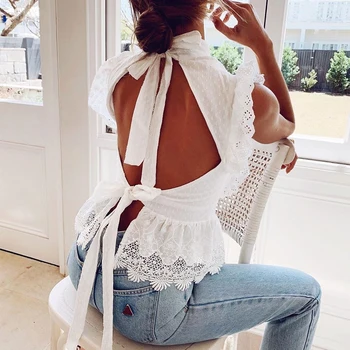 

Sexy backless white lace women blouse and tops ruffle sleeveless embriodery pelpum blouse shirt hollow out sheer summer tops