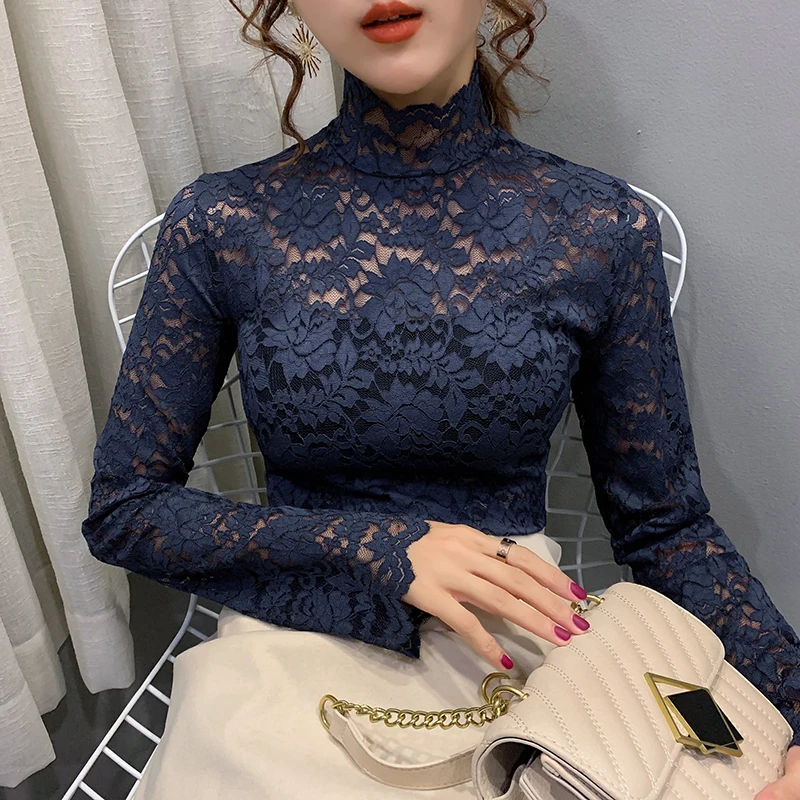 

2020 Spring New Lace Tops Female Turtle-neck Fashion Style Long Sleeve Casual Lace tShirt Fashion Women Lady Clothing t-ShirTops